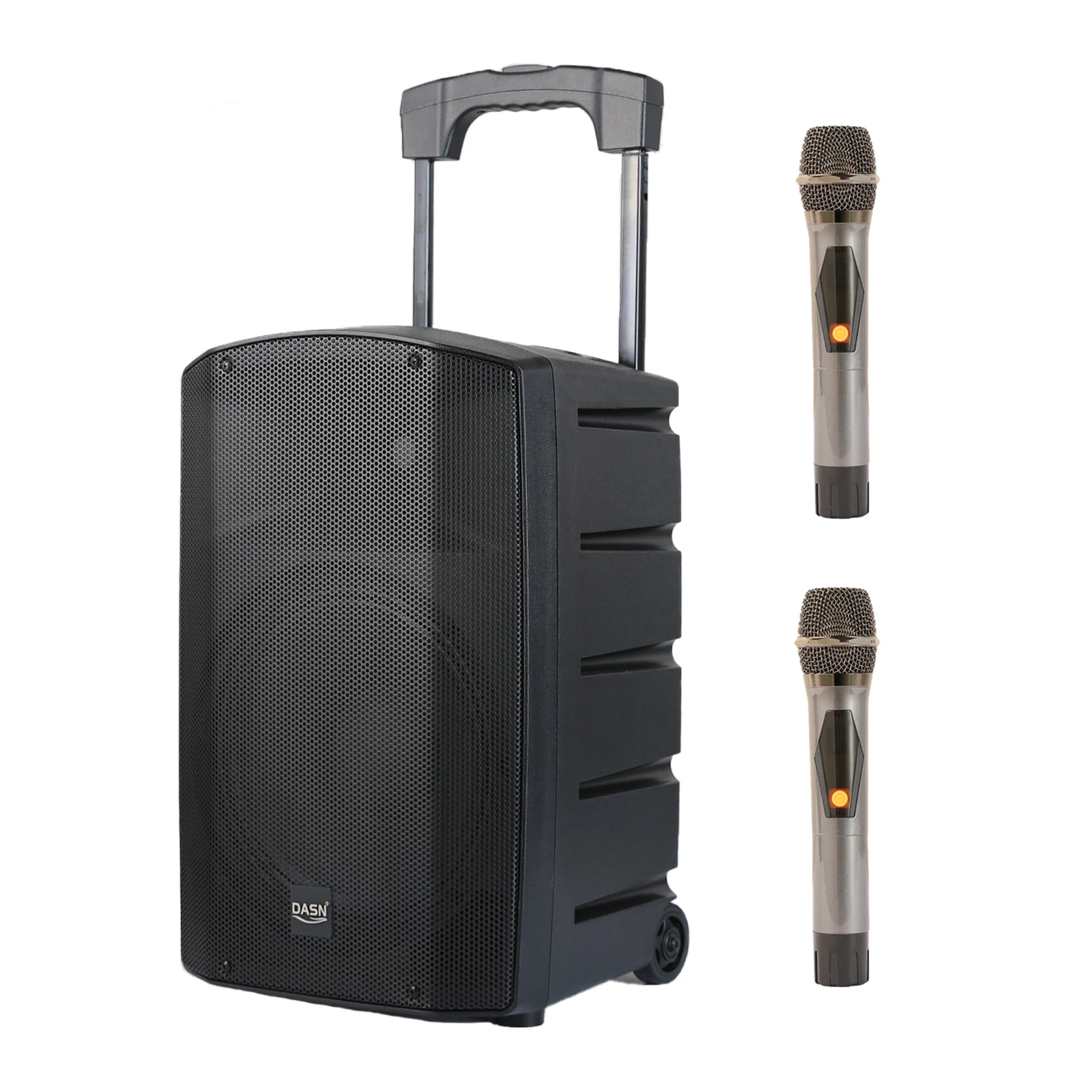 

DASN DNC12DDM 12 Inch 800W DSP Professional Active Plastic Portable Battery PA Speaker With Wireless Microphone Wheels Tie Rod