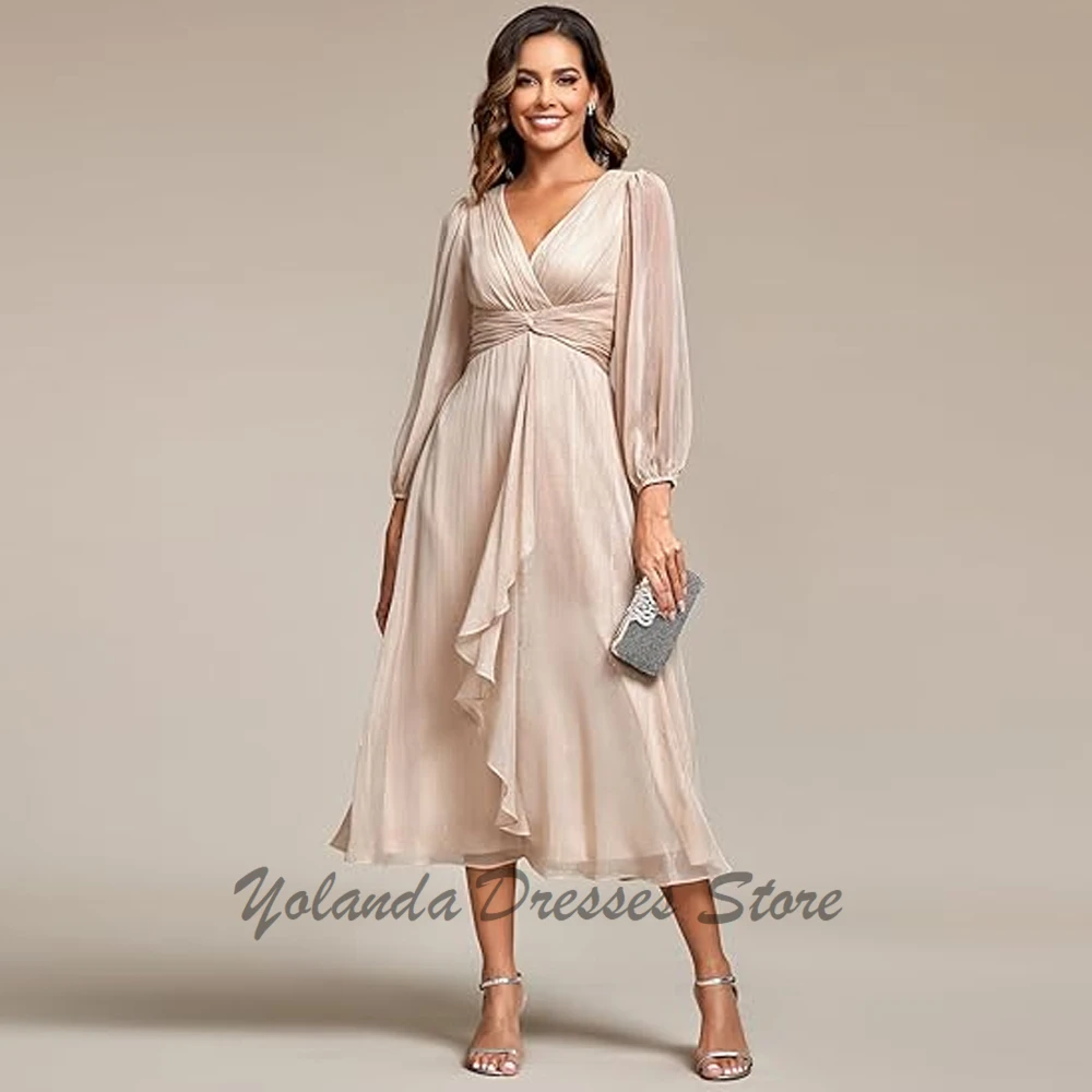 Elegant V Neck Mother of The Bride Dresses Long Sleeves Formal Dress Chiffon Evening Gown Tea Length Zipper Back A Line 2025