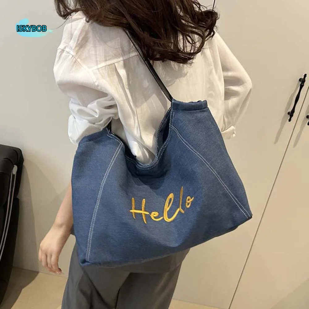 

Portable Denim Blue Tote Bag Letter Embroidery Korean Style Commuting Shoulder Pouch Versatile Magnetic Button