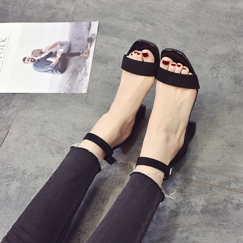 Black Gladiator Sandals Summer Office High Heels Shoes Woman Buckle Strap Square heel Pumps Casual Women Shoes Plus Size 34-40