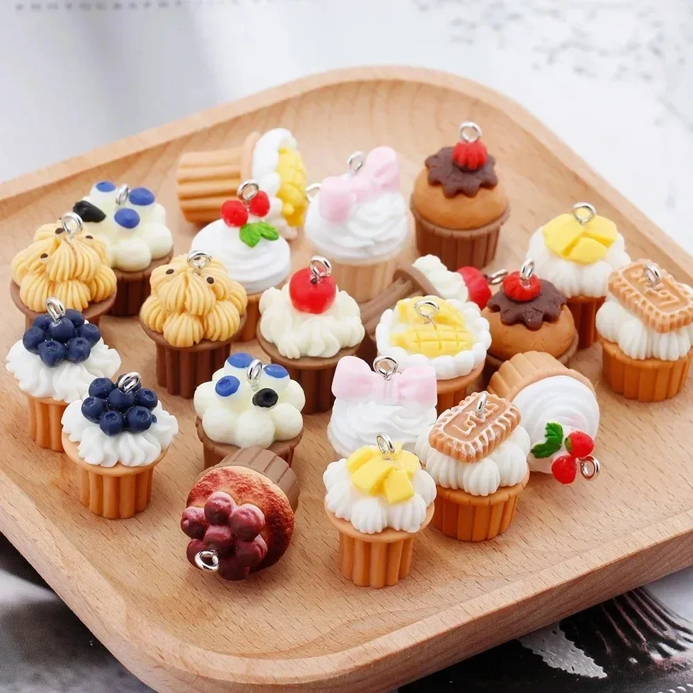 10Pcs Glossy Kawaii Fruit Cupcake Resin Charms Mini Dessert Pendants DIY Jewelry Supplies for Earrings Necklaces