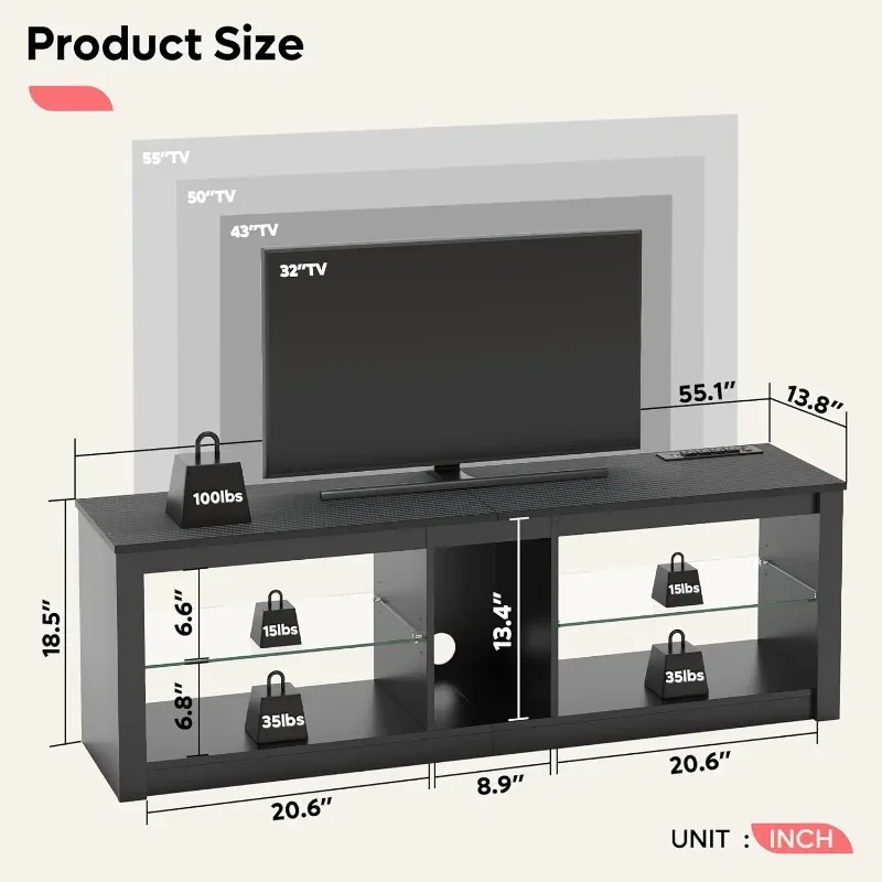 Bestier Gaming Entertainment Center with Power Outlet,55 inch TV Stand LED TV Stand ,Removable Glass & Open Shelf Storage