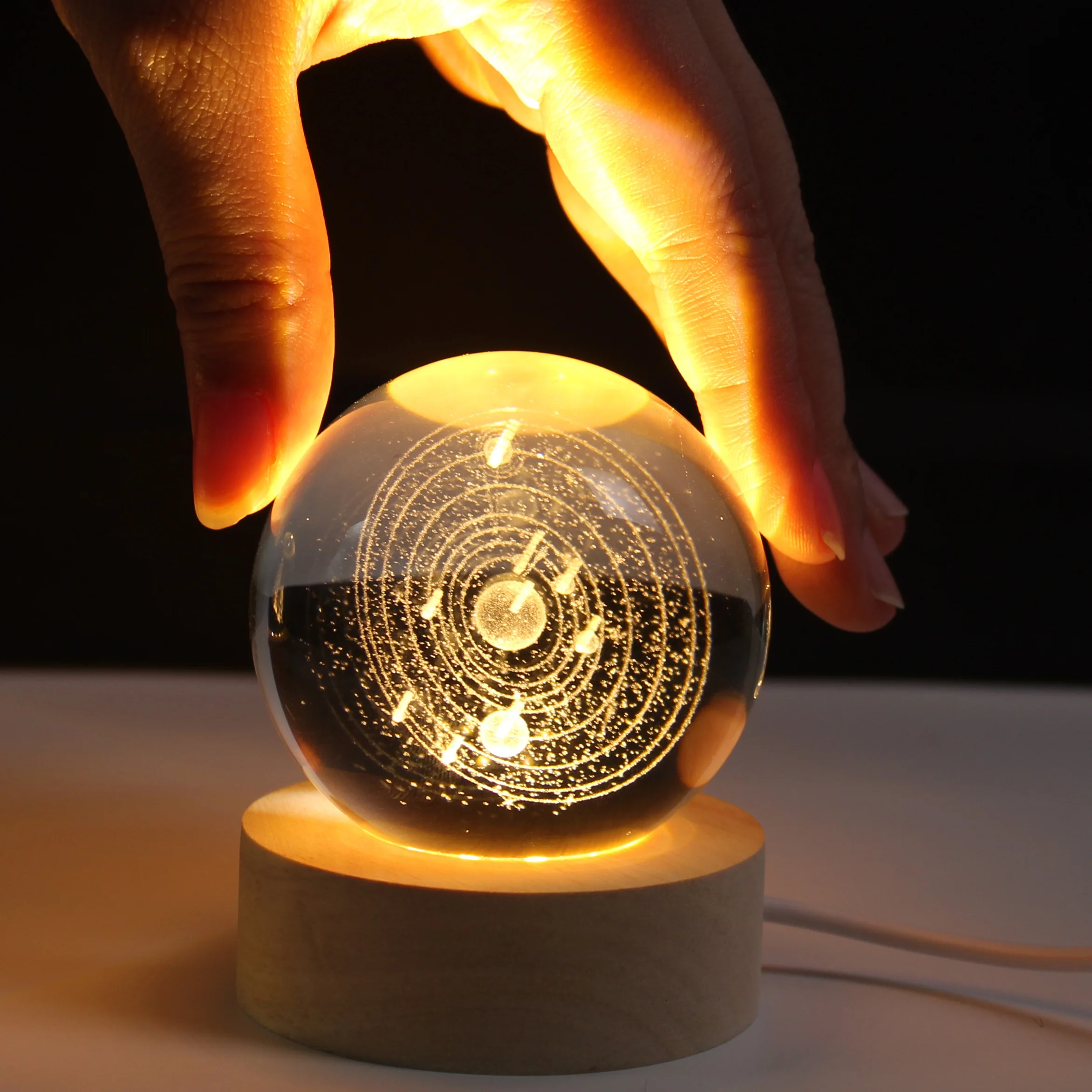 3D Crystal Ball Fairy Light With Wooden Base 6cm/2.35in USB Powered LED Christmas Glowing Planet Night Lamp for Bedroom Desktop