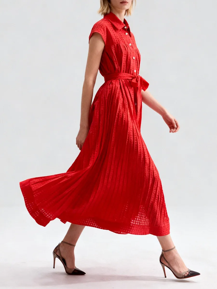 TWOTWINSTYLE Solid Sheer Spliced Shirring Casual Dresses for Women Lapel Sleeveless Patchwork Single Breasted Dress Female New