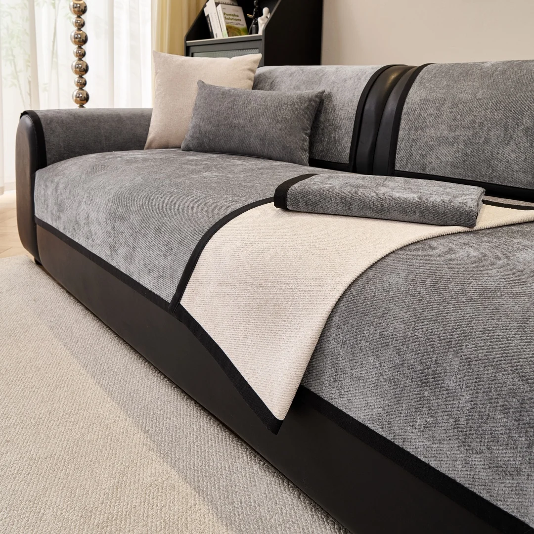 Minimalist Twill Chenille Non-Slip Sofa Cover with Wide Binding, Pet Friendly Couch Seat Cover Furniture Protector Qulity Decor