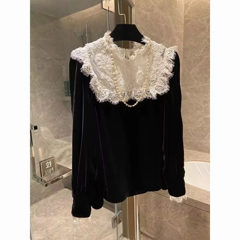 Lace Mesh Patchwork T-Shirt 2024 New Women Spring Autumn Petal Sleeve Canary Bottom Shirt Femme All-match Lace Blouses Tops