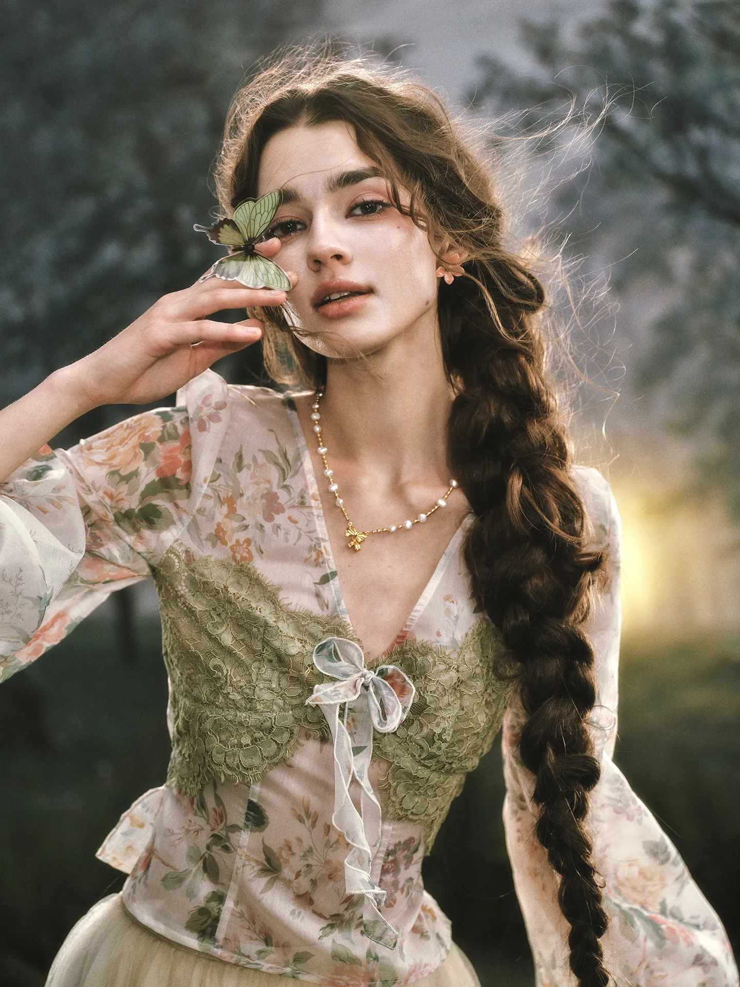 85-103cm Bust Spring Summer Blouses Women French Vintage Cottagecore Sheer Printed Organza Loose Versatile Lace Tops Blouses