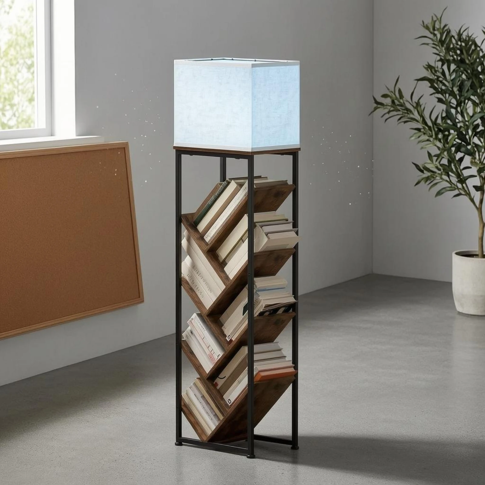 Bookshelf Lamp Angled Shelves Floor-Standing Bookshelf Slanted Shelf Bookcase Black Metal Book Vertical Unit Wood Grain