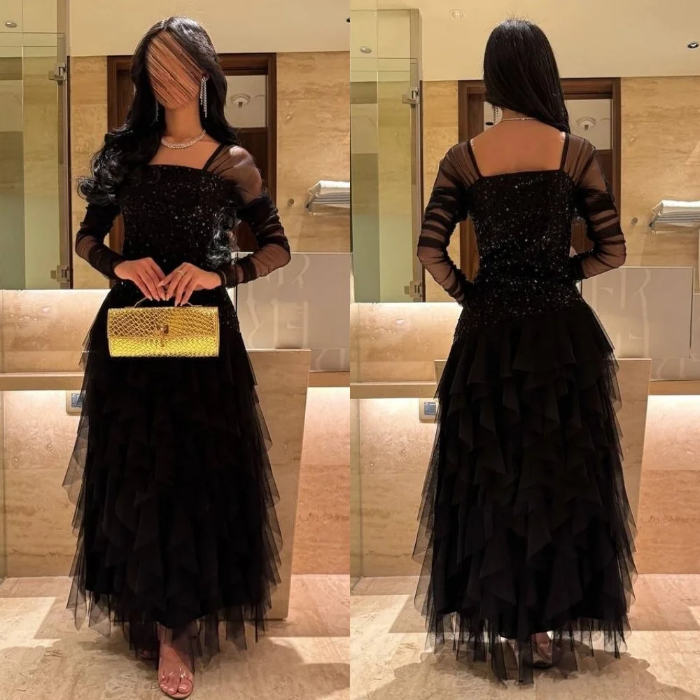 

Customized High Quality Intricate Tulle Sequined Beading A-line Square Neck Ankle Length Dresses Bespoke Occasion Dresses Formal