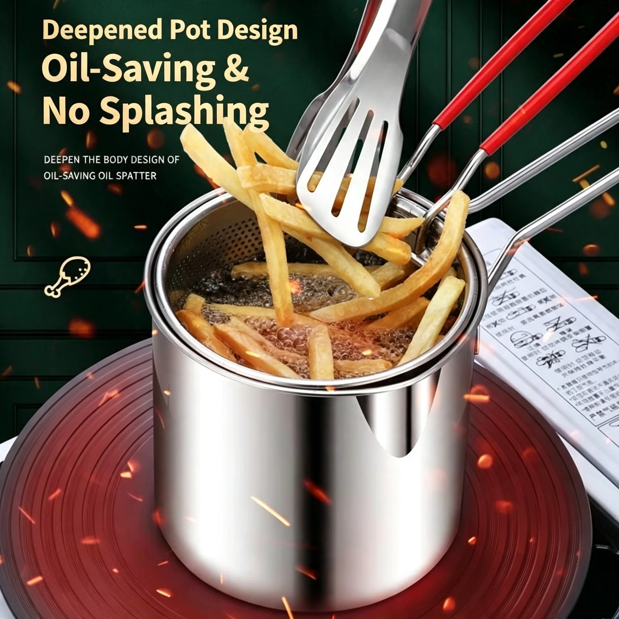 304 Stainless Steel Fryer With Strainer With Anti-scald Handle - Ldeal For Chips, Crisps, Fish And Chicken, Easy to Clean