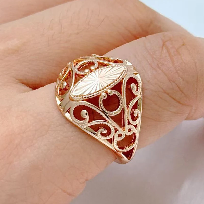 Kinel Hot Fashion Ethnic Bride Glossy Rings for Women Unusual Creative Hollow Rhombus 585 Rose Gold Color Daily Vintage Jewelry