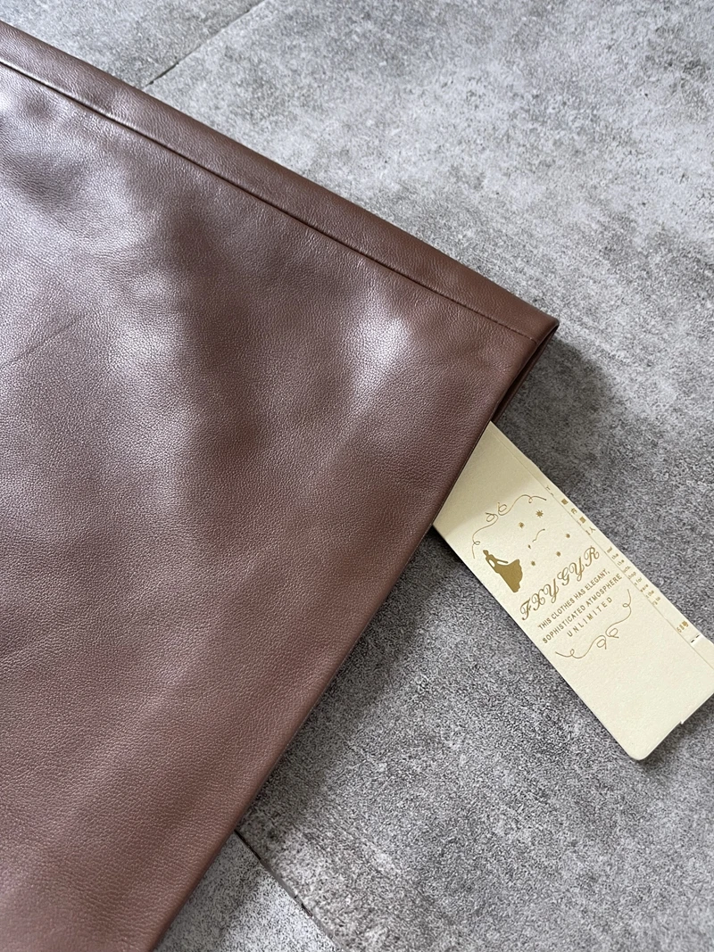 Genuine Leather Mid Length Skirt, Fashionable Versatile, Coffee Colored, Long Skirt with Buttocks, Sheepskin, Half Length Skirt
