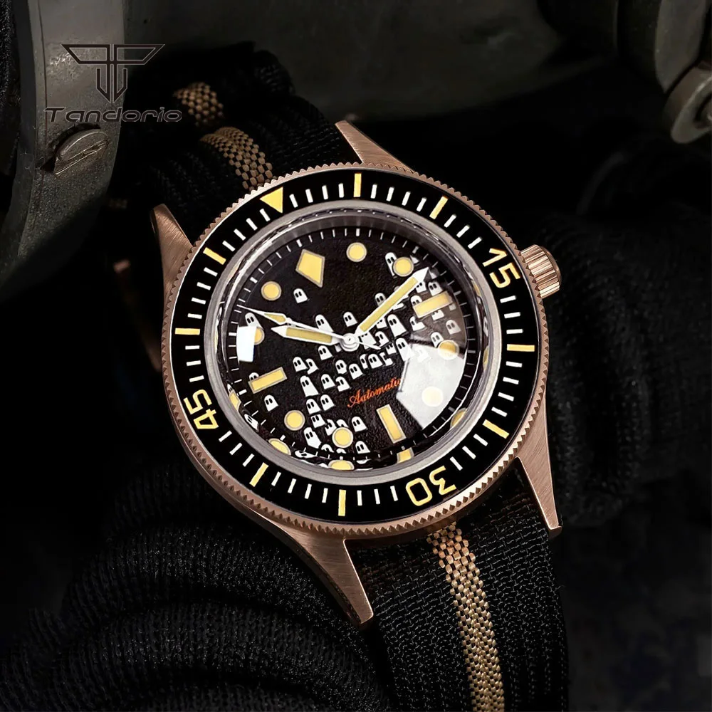 Tandorio Dive 50-Fathoms Style Solid Cusn8 Bronze Mechanical NH35 Men's Watch Domed Sapphire 20BAR Luminous Vintage Wristwatch