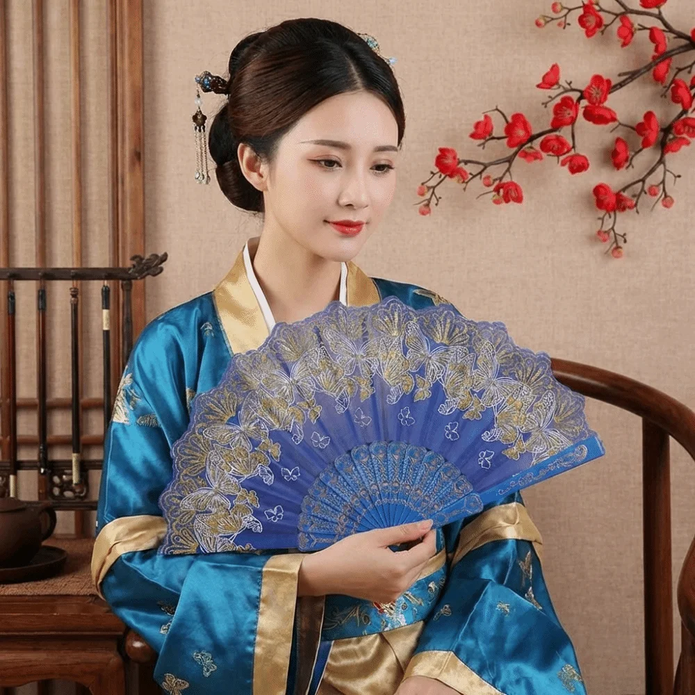 Handheld Chinese Style Folding Fan Butterfly Pattern Exquisite Decorative Fan Lace with Fan Ring Hand Fans Wedding Party Decor