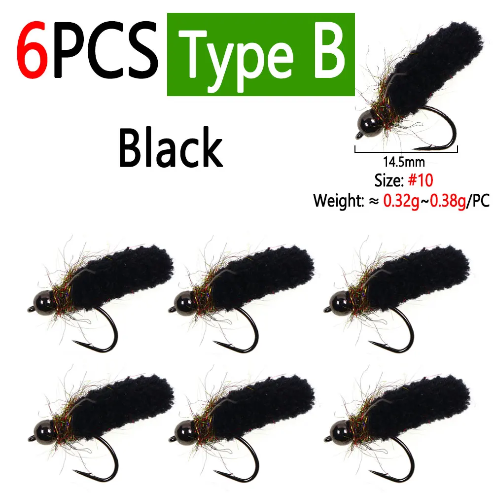 Bimoo 6 Stück Messing-/Wolfram-Kugelkopf-Mop-Fliegen, künstliche Kranichfliegen, Caddis-Larven, Nass-Jig-Nymphenfliegen für Forellen- und Fischgrälfischerei