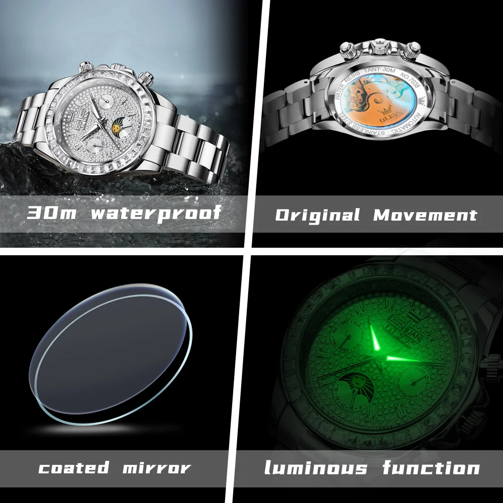 OLEVS 7038 reloj automático para hombre completamente diamante fase lunar reloj mecánico para hombre calendario Original resistente al agua relojes de pulsera para hombre