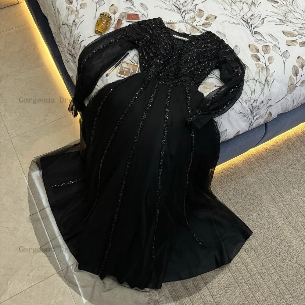 Elegant A-Line Evening Dresses V Neck Long Sleeves Prom Gowns Sequined Pearls Ankle Length Tulle Party Dress 2024 فساتين السهرة