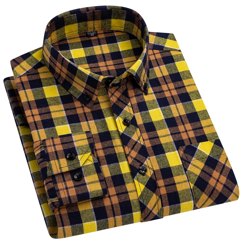 S-8XL Cotton Fashion Plaid Shirts For Men\'s Long Sleeve Single Patch Pocket Design Young Casual Standard-Fit Thick Flannel Shirt