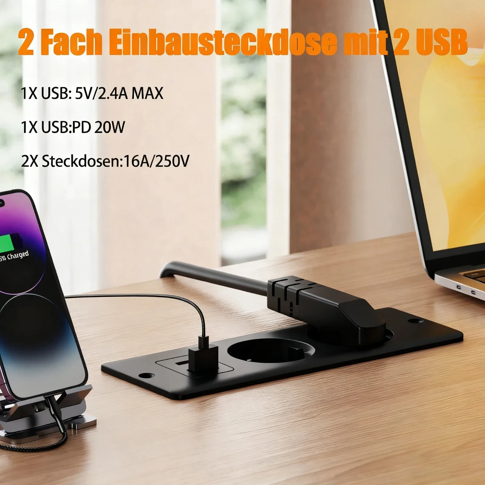 EU Recessed Table Socket 2 Outlets with USB Type C 5V 2.1A AC 110V 220V Hidden Power Socket for Home Office Desk Black