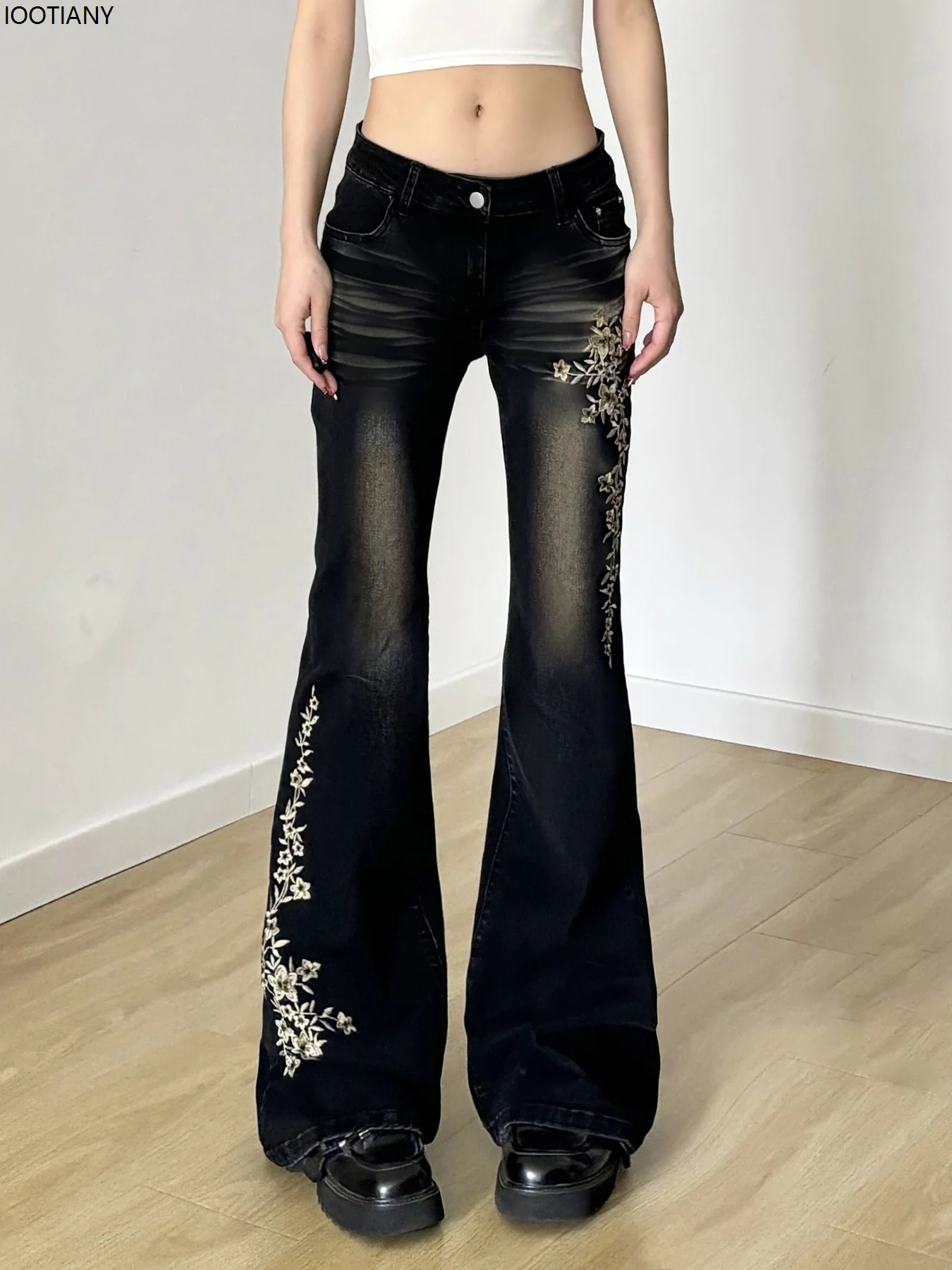 American Retro High Street Floral Embroidery Ruffle Jeans For Women Low Waist High Elastic Wide Leg Floor-length Flared Trousers