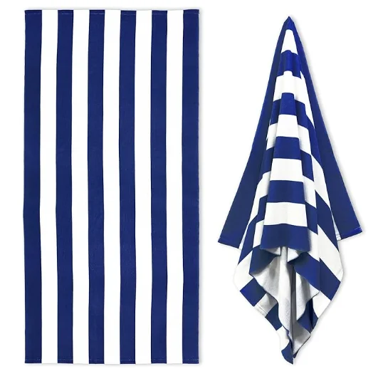 Classic Cabana Stripe Beach Towel, Quick Dry Soft Cotton, Turquoise, Blue, Gray & Navy Striped Design for Summer Pool Use