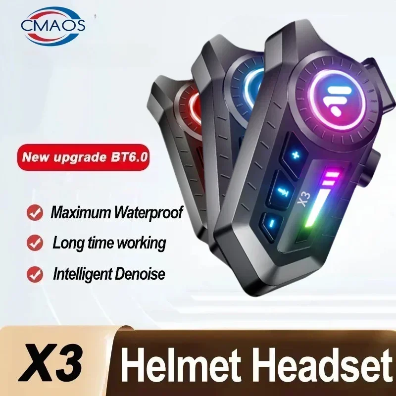 

X3 Motorcycle Bluetooth 6.0 Helmet Headset Tri Colorful Lights IPX6 Waterproof Connect Two Phones At The Same Time