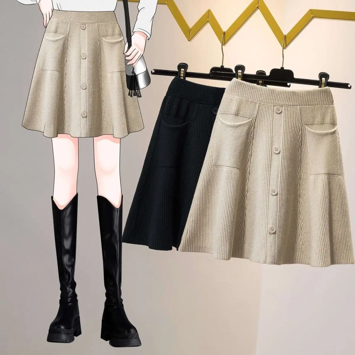 Versatile and minimalist knitted short skirt women in spring new solid color high waisted pleated slimming A-line skirt