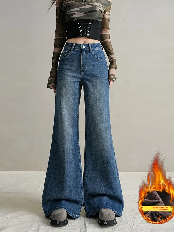 

High Waist Fce Lined Flared Jeans Women's Small Size Faionable Slimming Cotton Blend Casual Jeans Micro Flare Pants