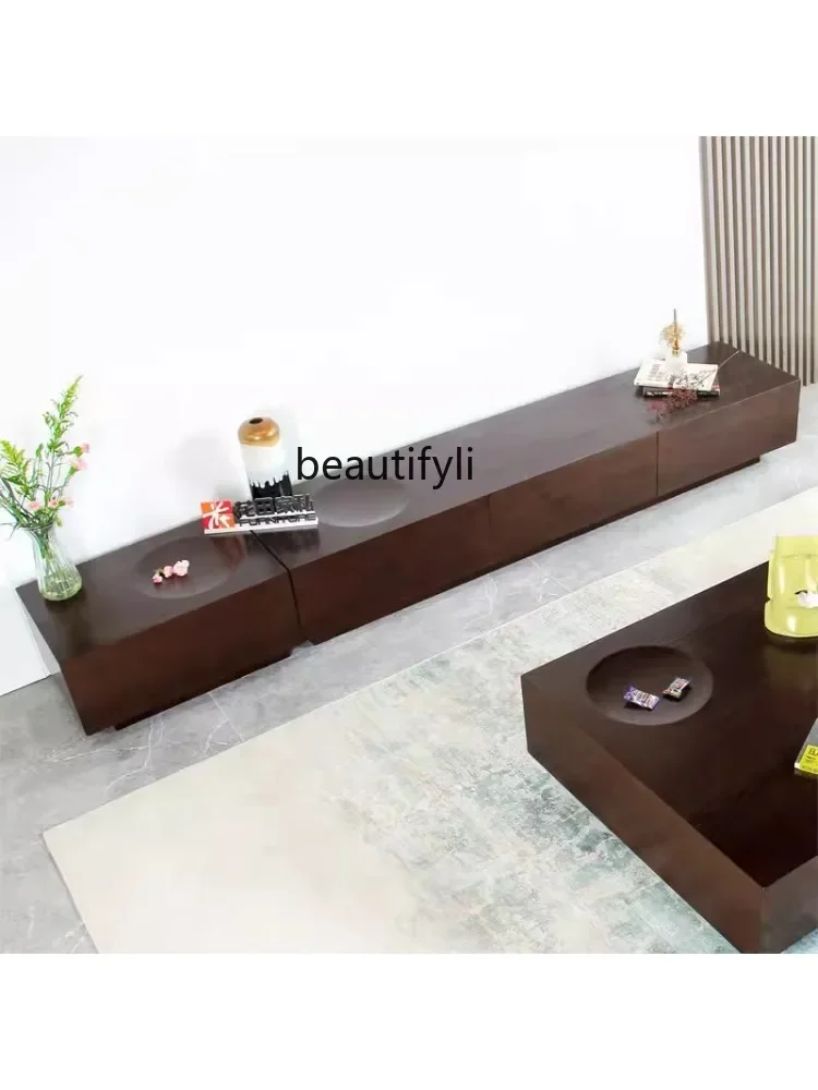 

07Black Walnut Color TV Cabinet and Tea Table Combination Minimalist Designer Personalized Nordic Living Room Low Cabinet