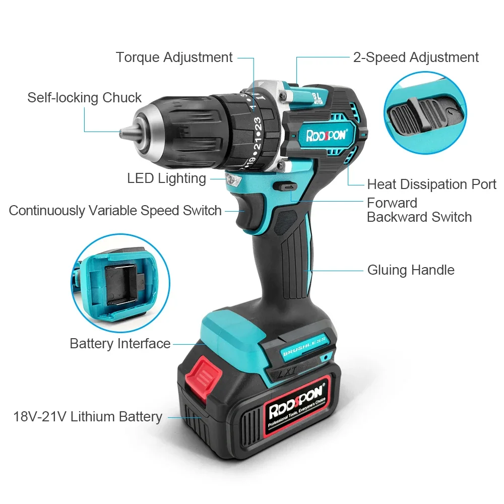 Wireless Electric Drill 10mm Brushless Hand Drill Cordless Multi-function Electric Drill Screwdriver  for Makita 21V Battery