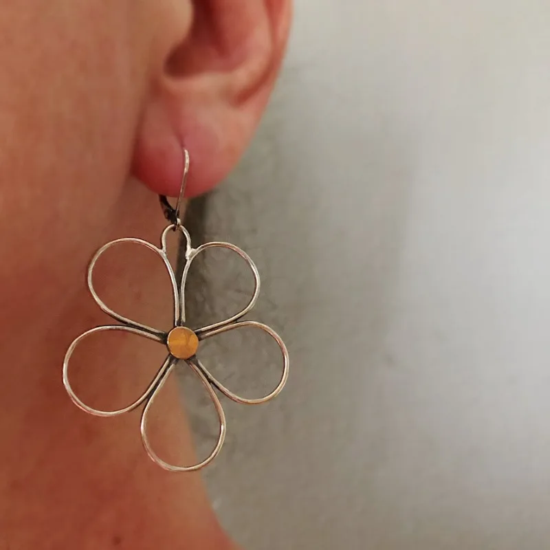 Delicate Silver Color Metal Geometry Flower Simple Hollow Dangle Earrings for Women Jewelry