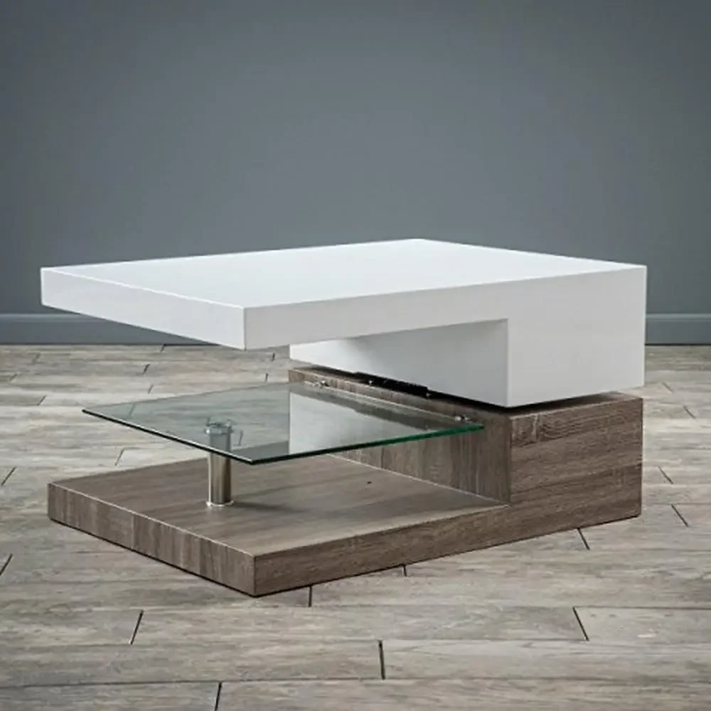 Rectangular Glass Coffee Table Glossy White & Dark Oak Tone Finish Shelf Modern Design Tempered Sonoma Oak 31.5