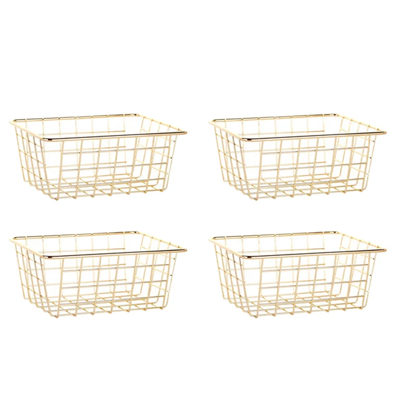 

ABZS 4X Storage Basket Solid Color Household Iron Basket Storage Box Bedroom Bathroom Gold S