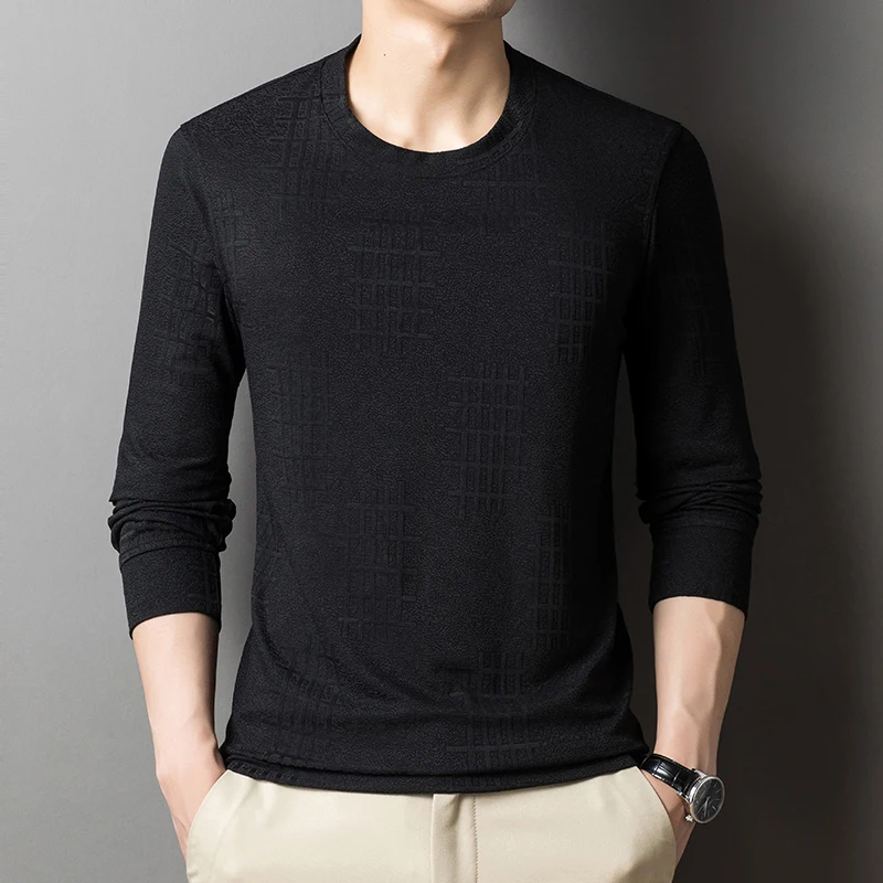 

Мужской однотонный повседневный топ с длинными рукавами и круглым вырезом среднего возраста с трикотажной основой под нижней частью