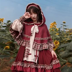 2022 HOT Sweet Girl Lolita kobiety sukienka w stylu Vintage Patchwork czerwona sukienka z płaszczem Cute kobiet Bing Cosplay małe czerwone bandana
