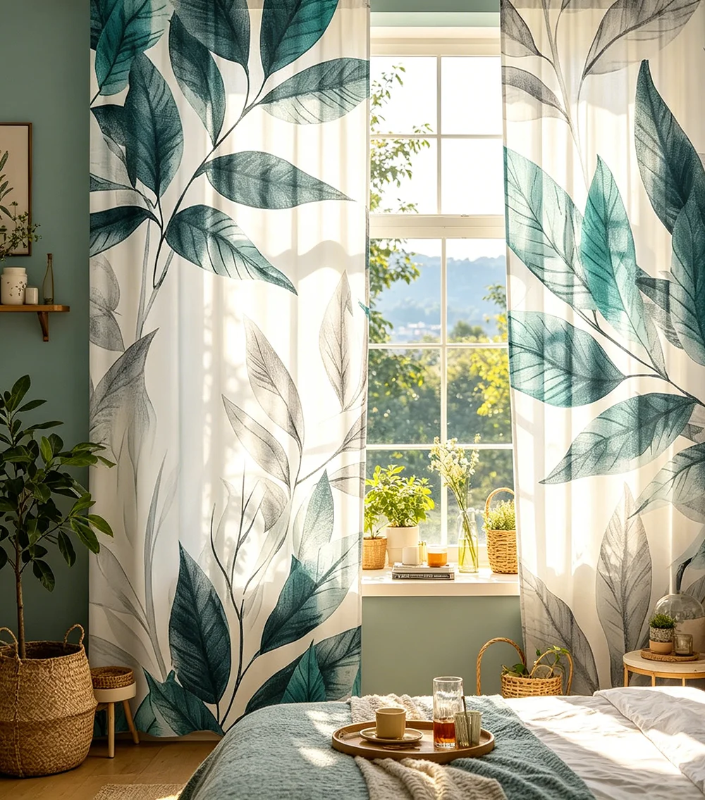 2PCS Digital Printed Curtains, Grey Green Branches and Leaves Pattern, Stylish Window Treatment for Living Room Bedroom Decor