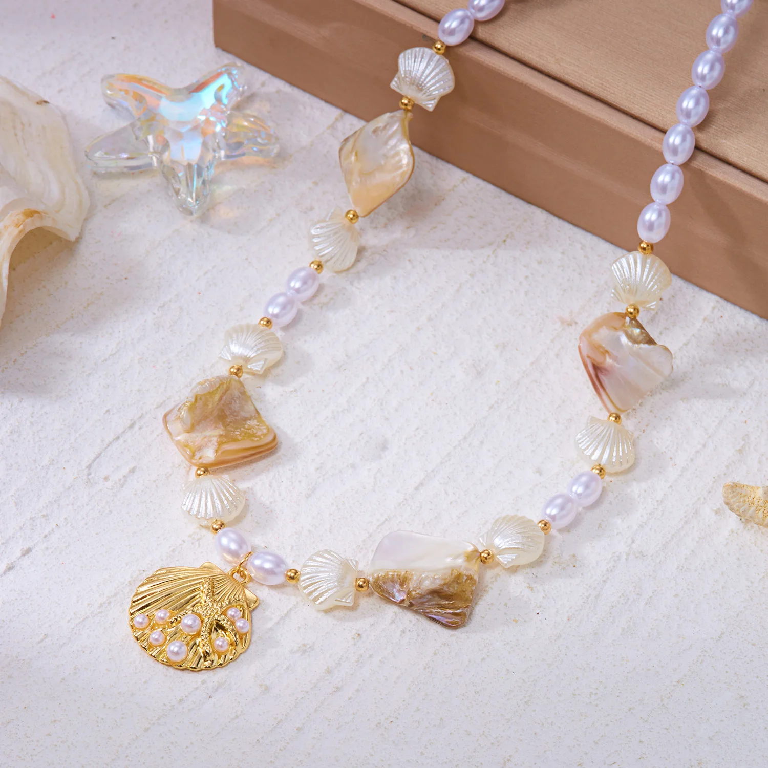 Böhmische Imitationsperlen-Muschelkette für Damen, Sommer-Choker mit Muschel- und Seestern-Anhänger, Reise- und Party-Schmuck – Detail 5