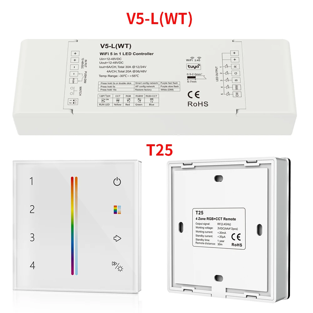 DC12-48V Controller V5-L(WT) Tuya WiFi 5 In1 LED Controller for RGB, RGBW, RGBCCT, Color Temperature or Single Color LED Strip