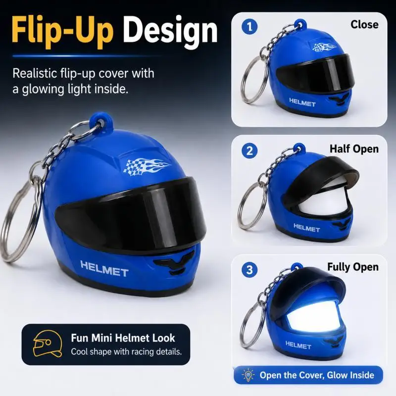 Aufklappbarer Leuchtender Mini-Motorradhelm-Schlüsselanhänger, in Verschiedenen Farben Erhältlich, Leuchtender Anhänger für Motorrad und Fahrrad – Detail 5