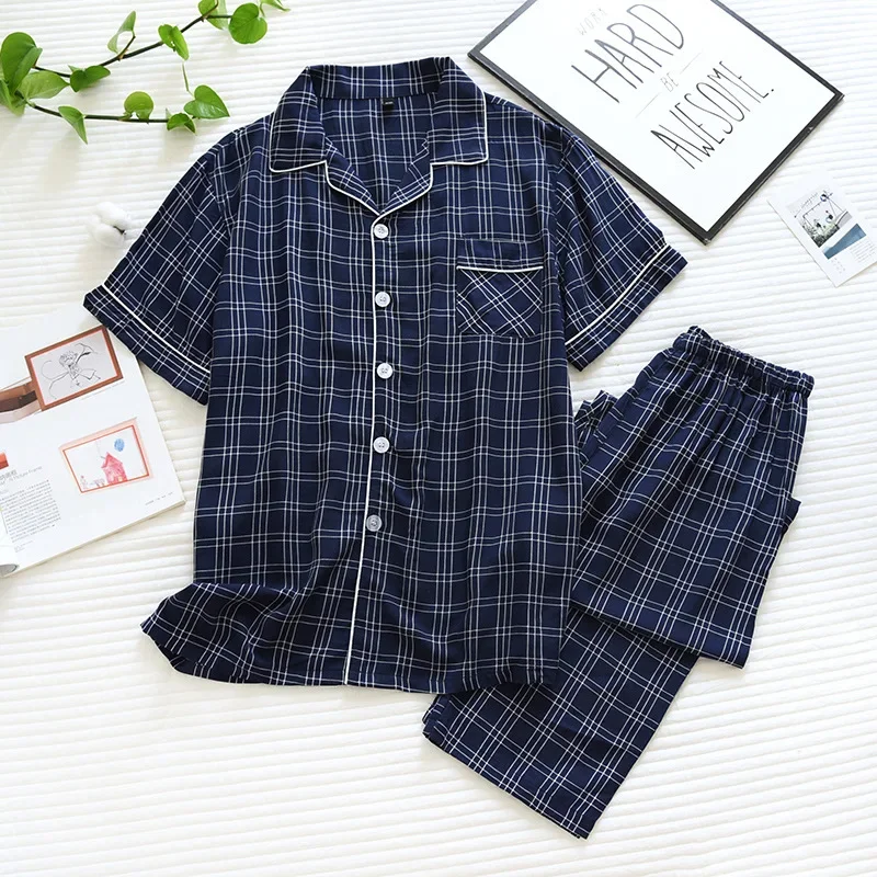 2024 new men\'s short-sleeved trousers pajamas two-piece 100% viscose spring and summer thin plaid large size home service cover