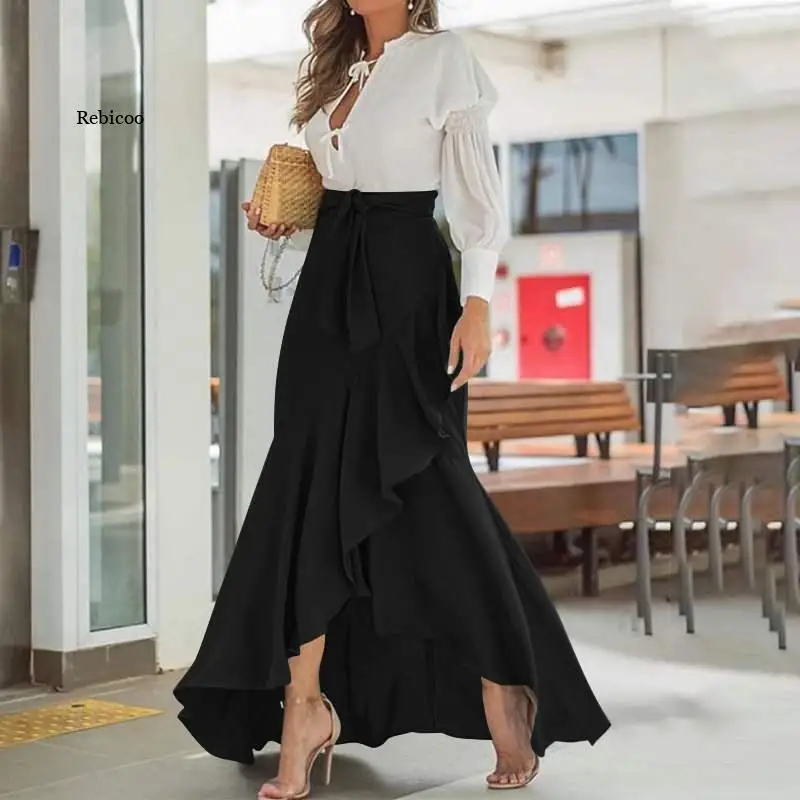 

Summer Women Fishtail Skirts Fashion Party Maxi Skirt Summer High Waist Belted Casual Loose Asymmetrical Ruffles Skirts