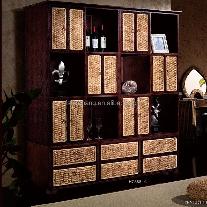 Decorative Natural Rattan Wooden Bookcase