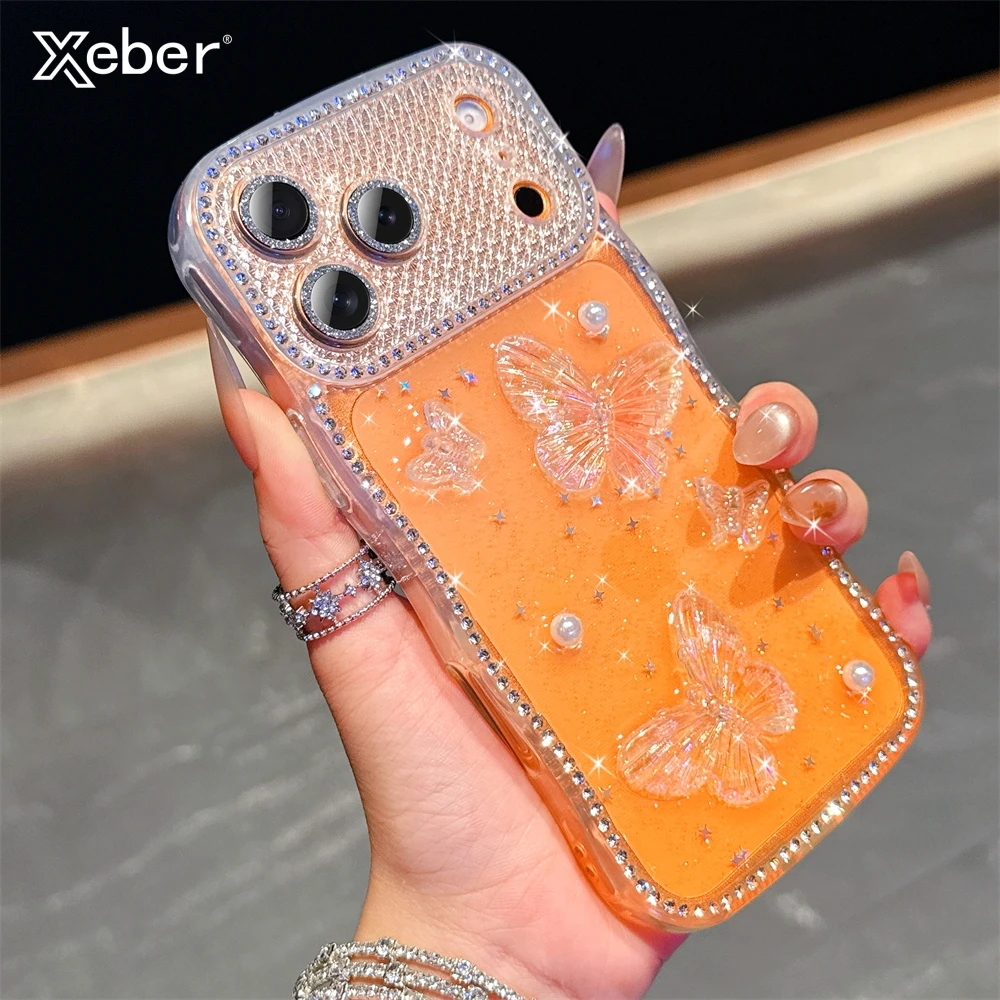 Glitzer-Strass-glänzende 3D-Schmetterlings-Hülle für iPhone 17, 16, 15, 14, 13 Pro Max Plus Air Diamond Bling Sparkle Lens Film, klare Abdeckung