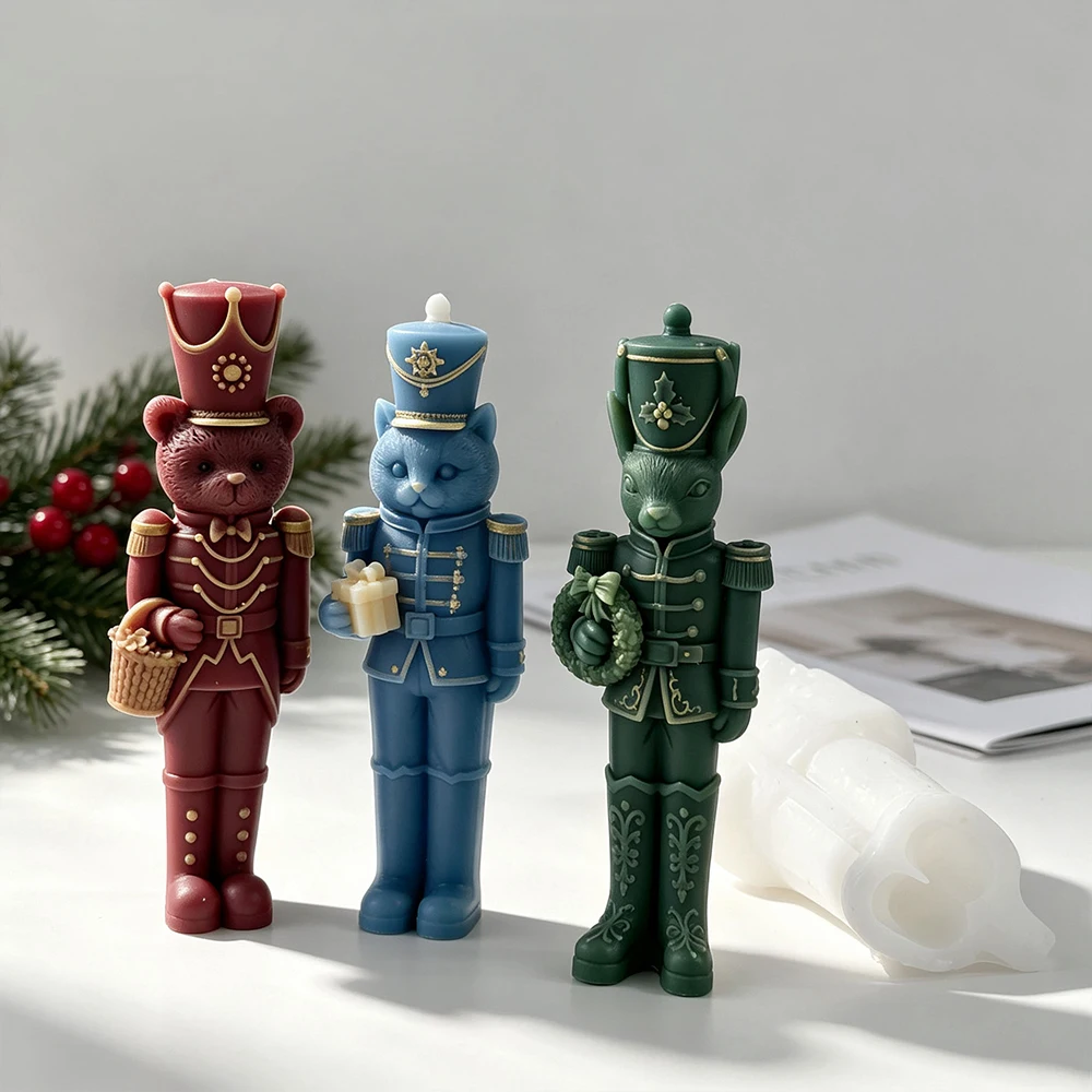 Nutcracker Soldier Scented Candle Silicone Mold DIY Christmas Bear Kitten Soldier Candle Plaster and Resin Ornament Making Mould