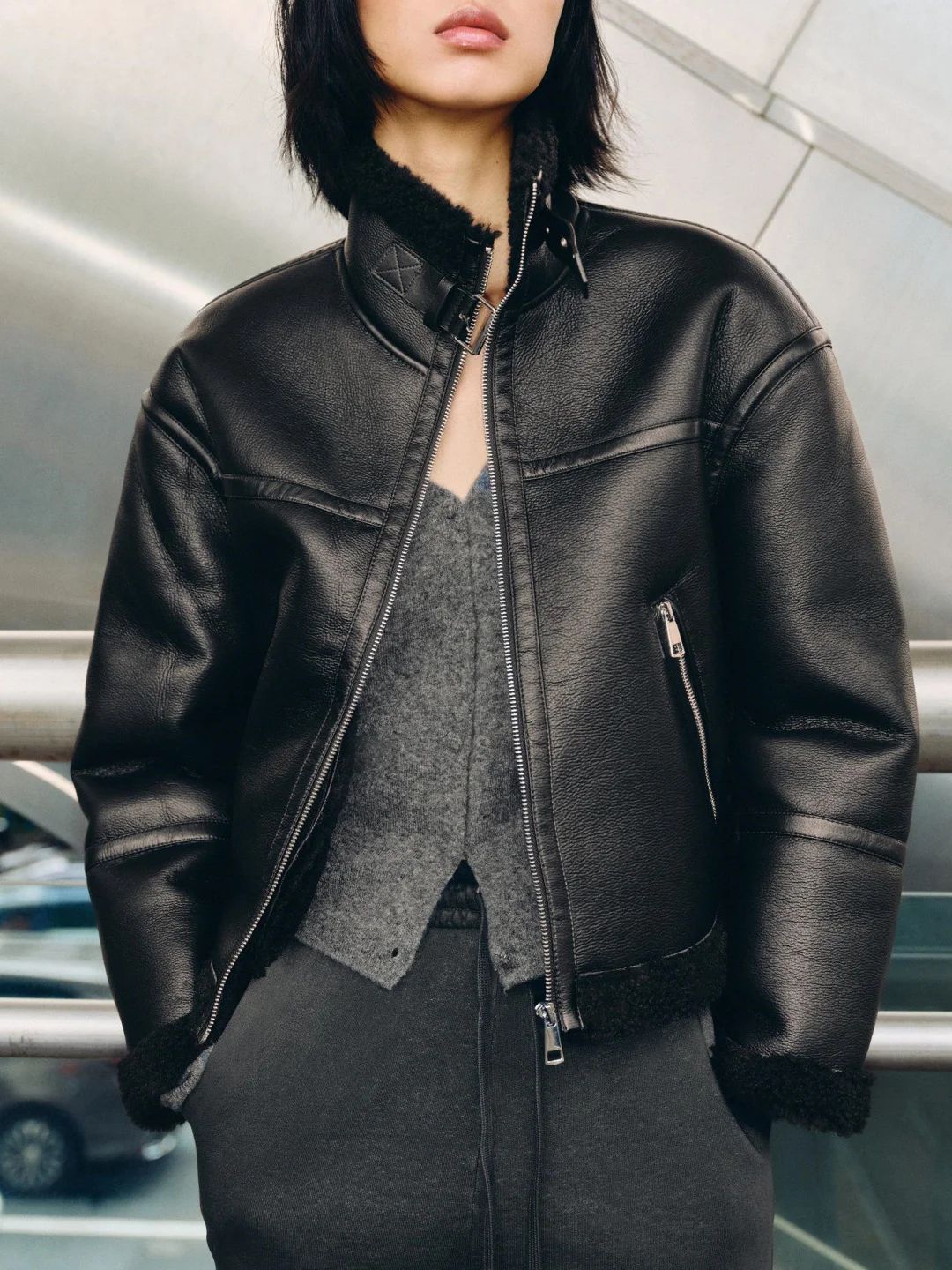 على الوجهين Fce سستة طويلة Sve الوقوف طوق Jaet المرأة شتاء جديد وصول معطف جلد عادية Sle بولي Leather الجلود