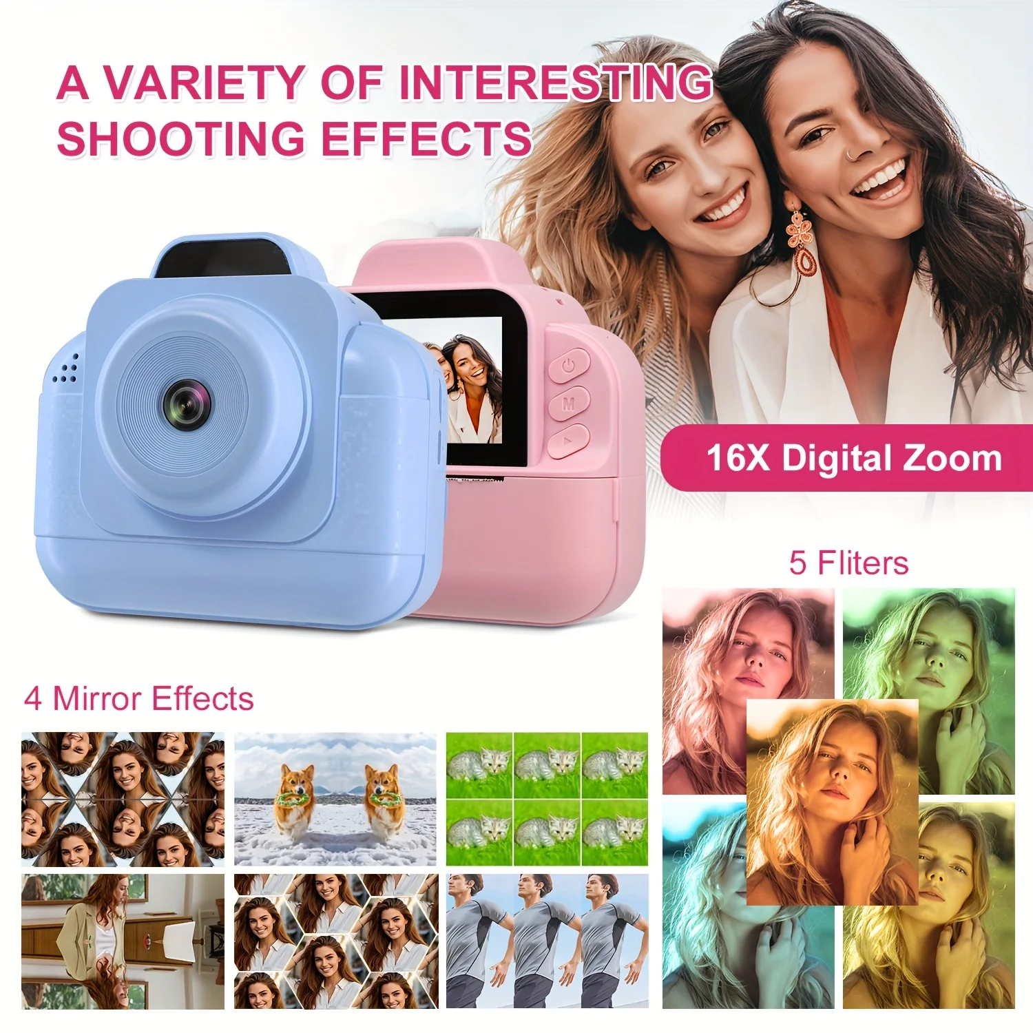 Portable photo printer (blue) with rechargeable battery and 4 rolls of thermal paper /1g card-instant photo printing