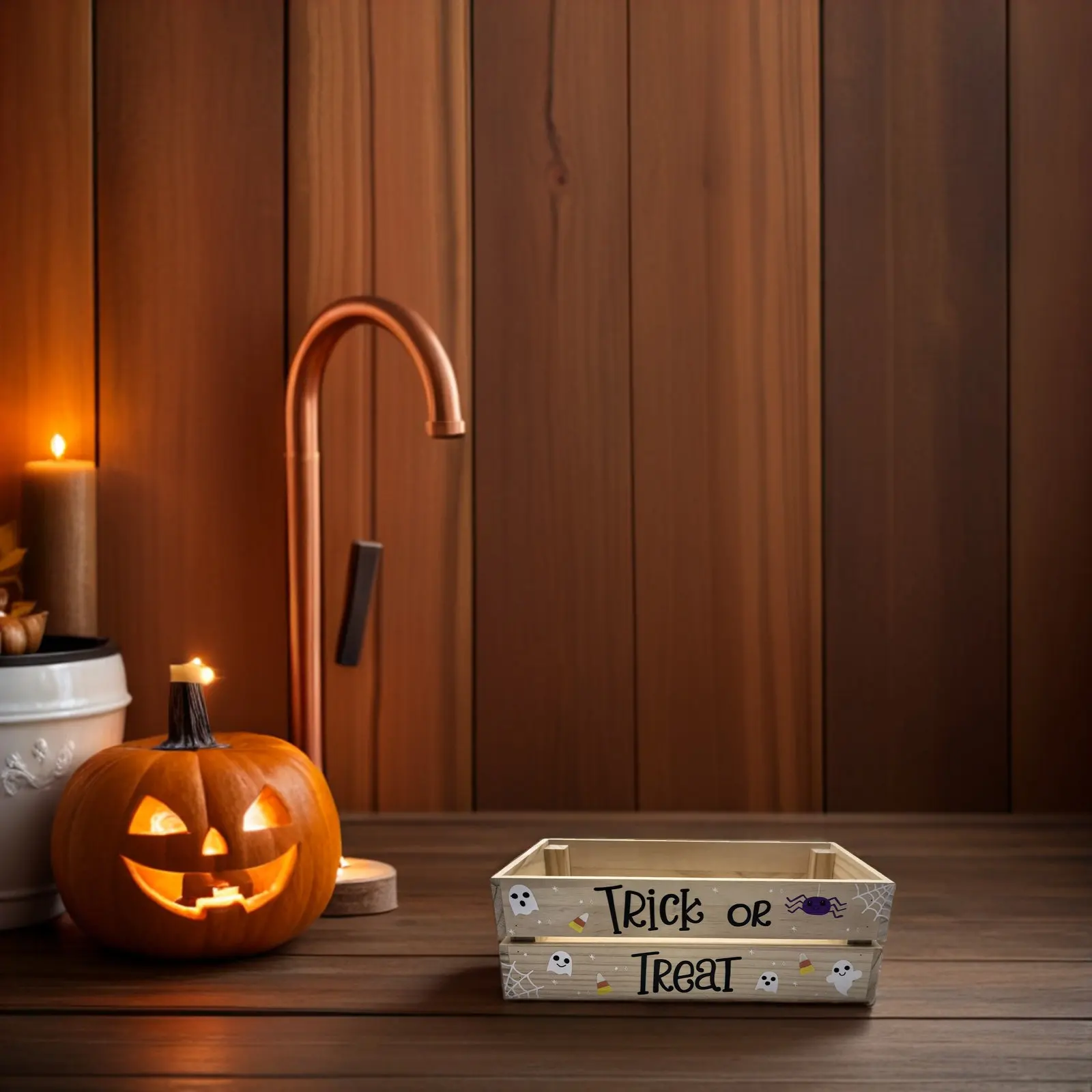 Halloween Candy Bowl Wooden Trick Or Treat Candy Holder Snack Box Serving Tray Khaki Haunted House Party Decoration