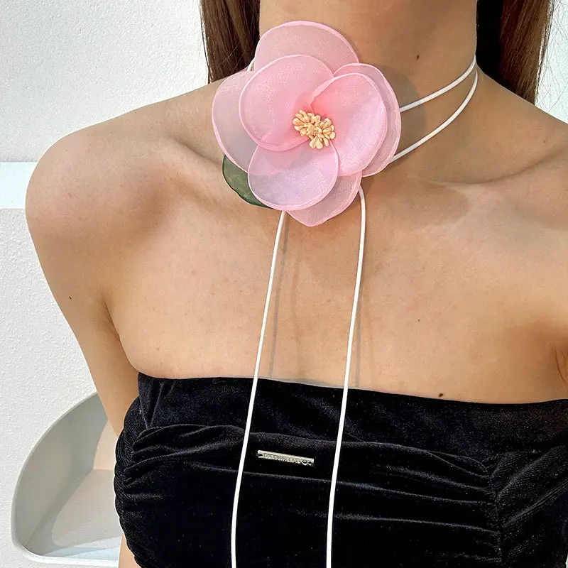 New Solid Color Flower Collar Chain Original Design Handmade Fabric Necklace Women\'s Neckband Neckchain Party Jewelry