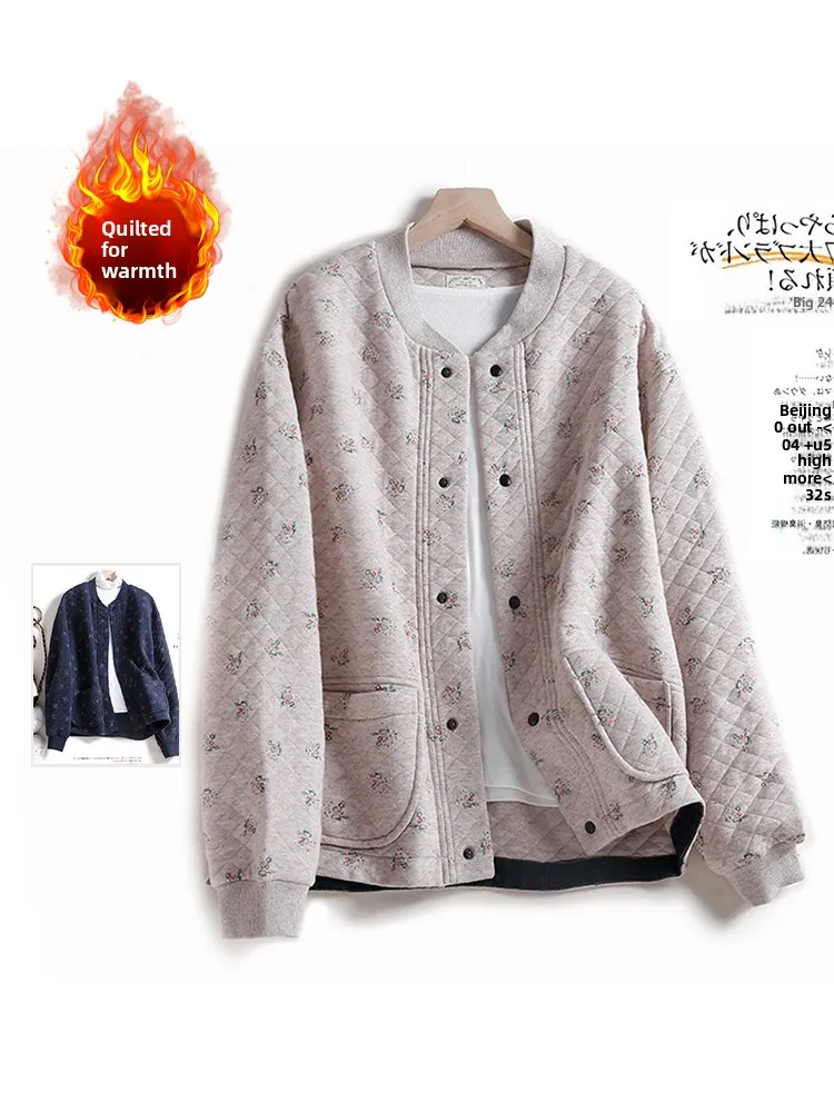 

plus Size Floral Print Cotton Jaet Thiened Warm Baseball Sle Open Cardigan for Women Autumn Winter Casual Wear