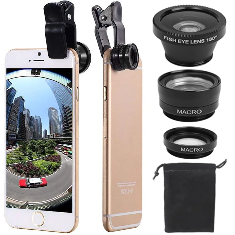 3 in 1 Fisheye Wide Angle Micro Camera Lens for IPhone Samsung Xiaomi Phone Camera Lens Clip Macro Smartphone External Lens